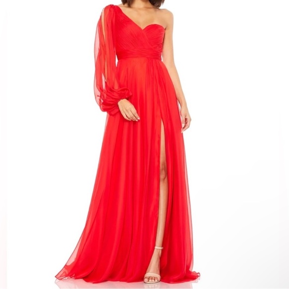 Mac Duggal Red Flowy One Sleeve Chiffon Gown Maxi Dress NWT 0 - Picture 2 of 12